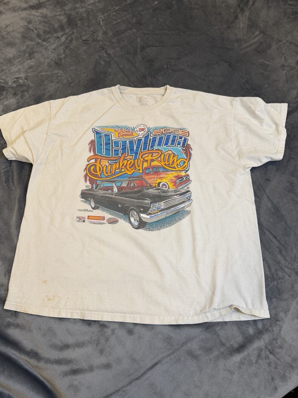 Vtg 2006 Daytona Turkey Run T-Shirt XXL Car Show Graphic Cream Hanes Distressed